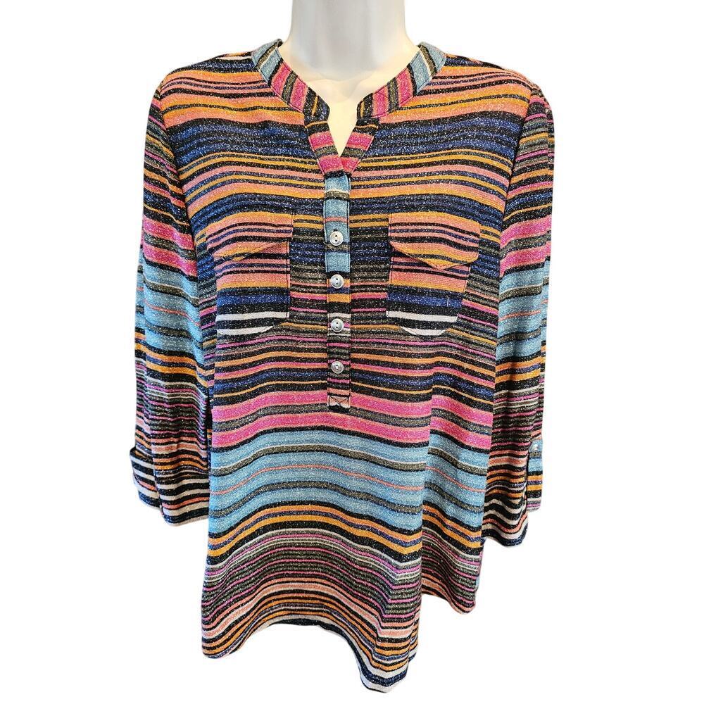Cocomo metallic bright colorful PXL XL PETITE henley pullover top EUC casual +